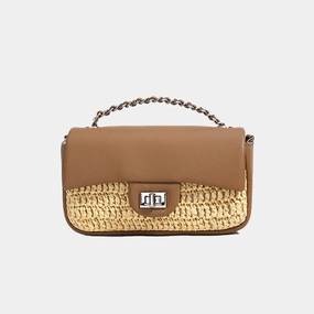 Women's Minimalist Straw Woven Leather Crossbody Bag with Silver Chain Handle Travel Gear Durable Construction