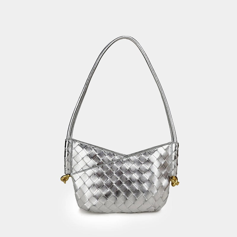 Women's Woven Genuine Leather V-Shaped Baguette Bag Casual Outfit