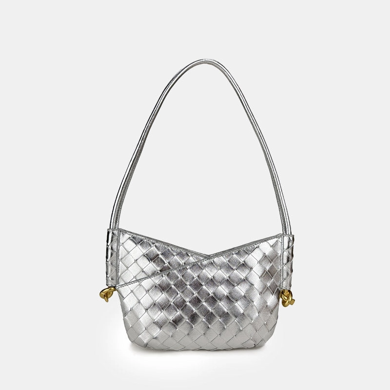 Women's Woven Genuine Leather V-Shaped Baguette Bag Chic Accessory