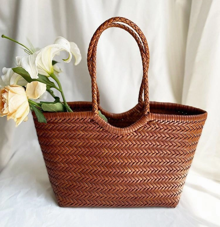Woven Leather Tote Bag, Leather Hand Woven Triple Jump Bamboo Style Ladies HOBO Bag, Summer Holiday Bag, Handcrafted  Women Woven Bag Simple Functionality Durable Construction