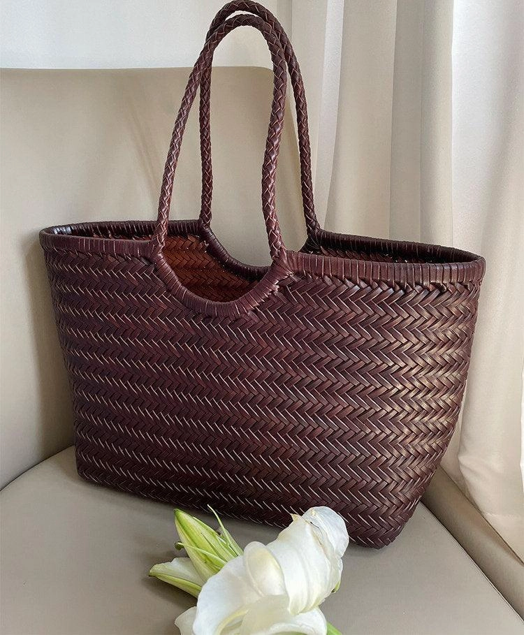 Minimal Journey Woven Leather Tote Bag, Leather Hand Woven Triple Jump Bamboo Style Ladies HOBO Bag, Summer Holiday Bag, Handcrafted  Women Woven Bag