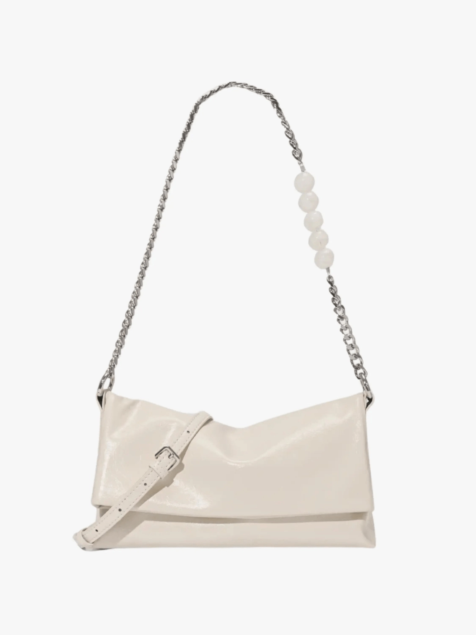 Contemporary Look Xelara | Pearl & Chain Accent Foldover Shoulder Bag ?C Minimalist Elegance
