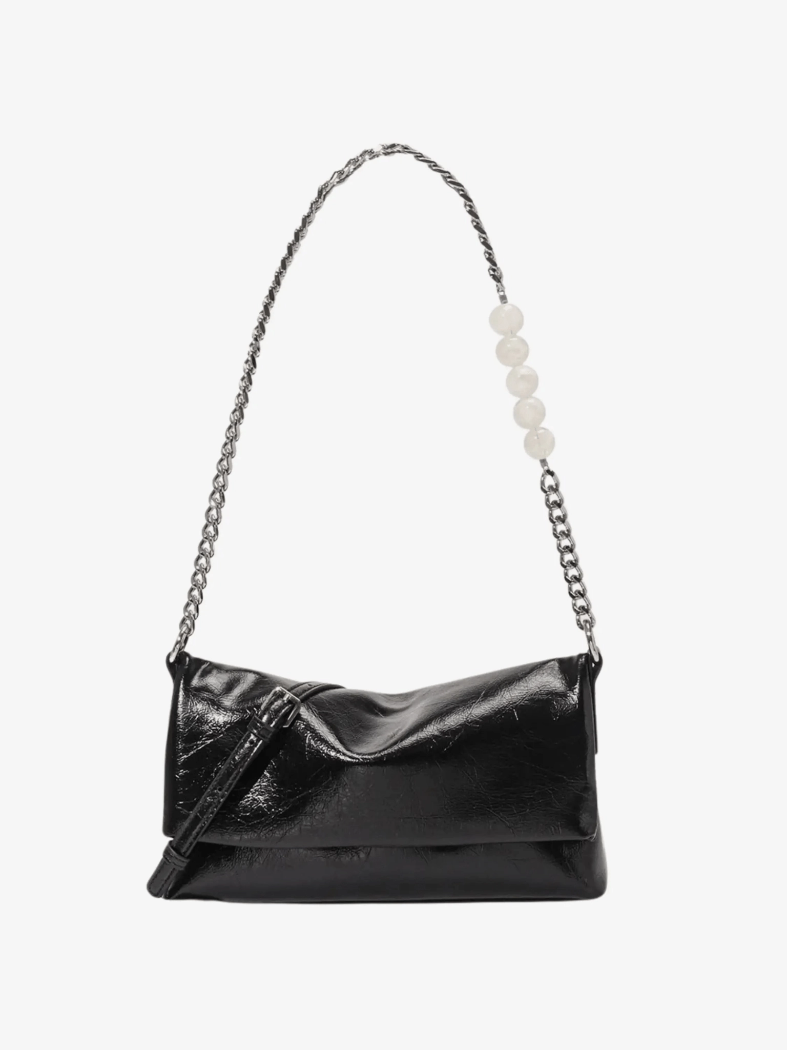 Xelara | Pearl & Chain Accent Foldover Shoulder Bag ?C Minimalist Elegance Urban Aesthetic Versatile Accessory