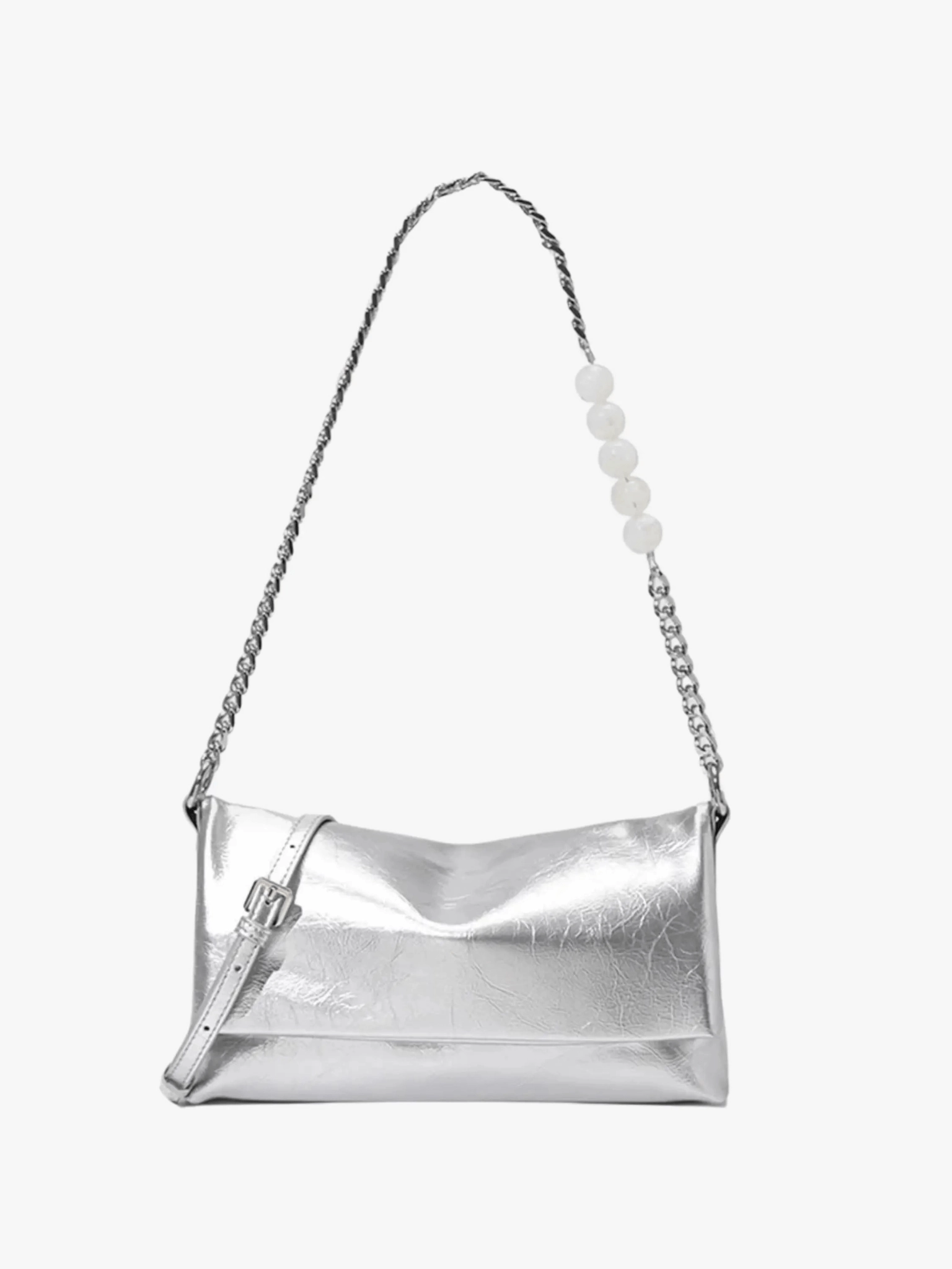 Xelara | Pearl & Chain Accent Foldover Shoulder Bag ?C Minimalist Elegance Portable Utility