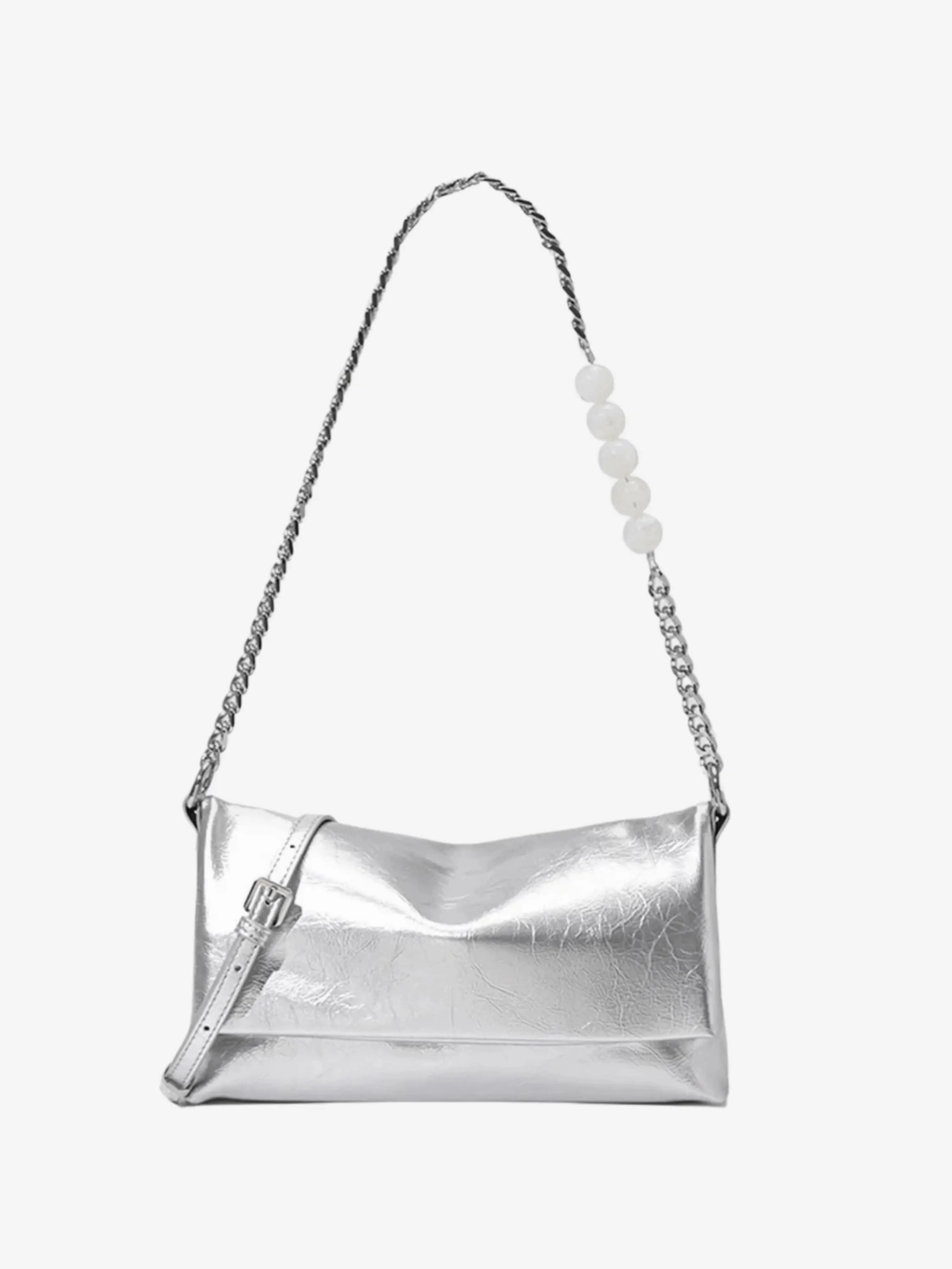 Essential Accessory Magnetic Snap Xelara | Pearl & Chain Accent Foldover Shoulder Bag ?C Minimalist Elegance